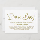 Gold Cute Calligraphy Het is een Boy Baby shower Kaart (Voorkant)