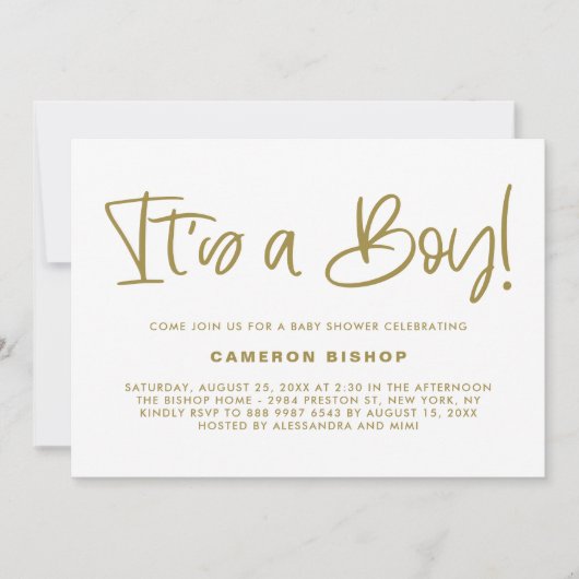 Gold Cute Calligraphy Het is een Boy Baby shower Kaart (Voorkant)