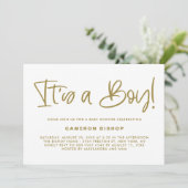 Gold Cute Calligraphy Het is een Boy Baby shower Kaart (Staand voorkant)