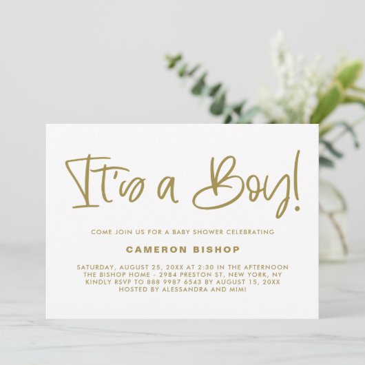 Gold Cute Calligraphy Het is een Boy Baby shower Kaart (Staand voorkant)