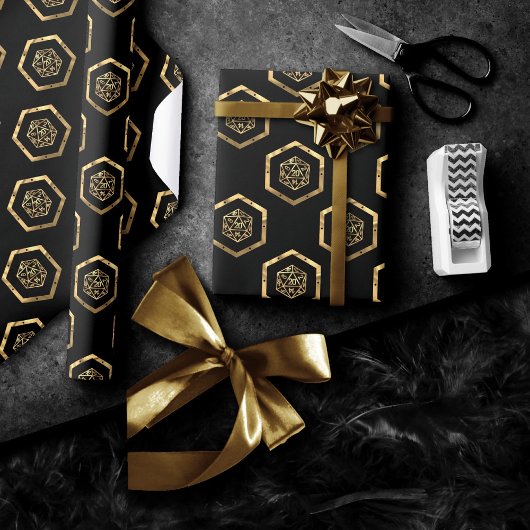 Gold D20-patroon | Tabletop Role Player Dice Cadeaupapier
