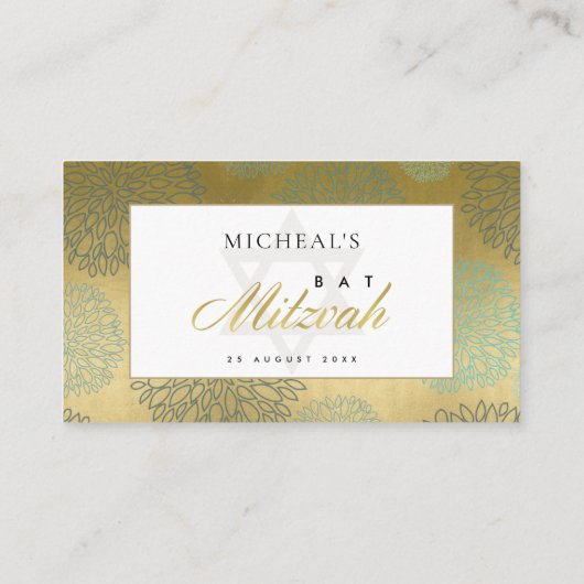 GOLD DAHLIA FLORAL BAR BAT MITZVAH PLACE CARDS VISITEKAARTJE (Achterkant)