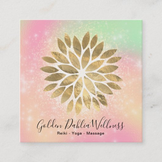 *~* Gold Dahlia Pastel Peach Yellow Green AP2 Vierkante Visitekaartje (Voorkant)