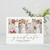 Gold Dainty Script Drie Foto Afstuderen Aankondiging (Staand voorkant)