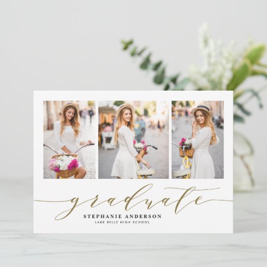 Gold Dainty Script Drie Foto Afstuderen Aankondiging (Staand voorkant)