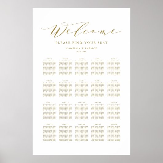 Gold Dainty Script Wedding Seating Chart Poster (Voorkant)