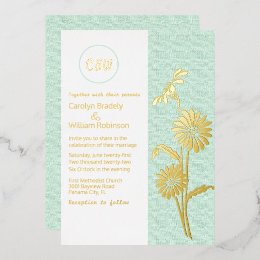 Gold Daisies Monogrammed Wedding Folie Invitation Uitnodiging (Voorkant / Achterkant)