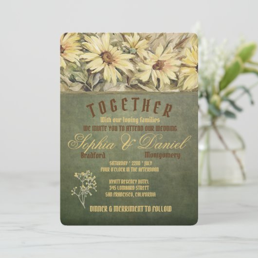 Gold Daisies op Sage Wedding Invitting Kaart (Staand voorkant)