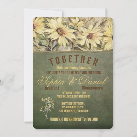 Gold Daisies op Sage Wedding Invitting Kaart (Voorkant)