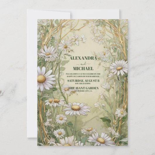 Gold Daisy Art Nouveau Wedding Kaart (Voorkant)