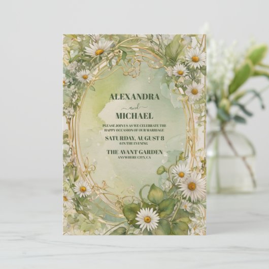 Gold  Daisy Art Nouveau Wedding Kaart (Staand voorkant)