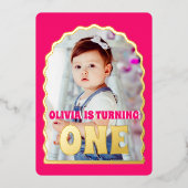 Gold Daisy ONE Eerste Verjaardagsfeestfoto Folie Uitnodiging (Voorkant)