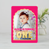 Gold Daisy ONE Eerste Verjaardagsfeestfoto Folie Uitnodiging (Staand Voorkant)