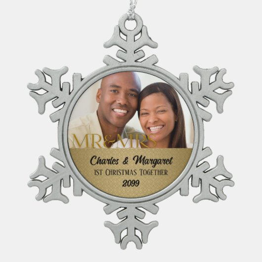 Gold Damask 1-kerst samen Foto Tin Sneeuwvlok Ornament (Voorkant)