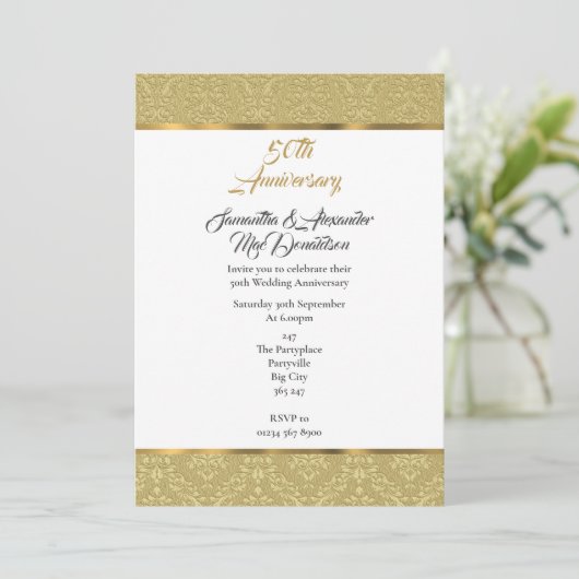 Gold damask 50e bruiloft kaart (Staand voorkant)