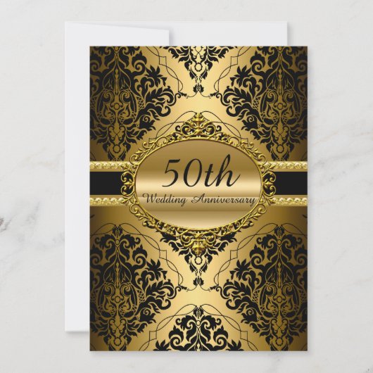 Gold Damask 50th Wedding Jubileum Invite Kaart (Voorkant)