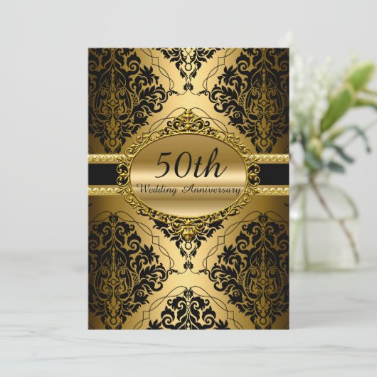 Gold Damask 50th Wedding Jubileum Invite Kaart (Staand voorkant)