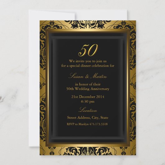 Gold Damask 50th Wedding Jubileum Invite Kaart (Achterkant)
