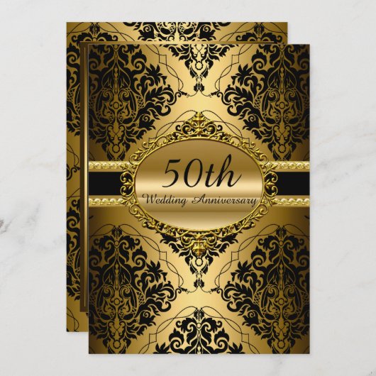 Gold Damask 50th Wedding Jubileum Invite Kaart (Voorkant / Achterkant)