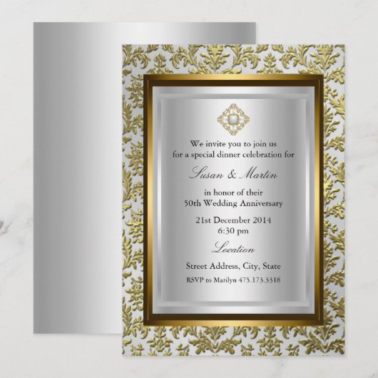 Gold Damask 50th Wedding Jubileum Uitnodiging (Voorkant / Achterkant)