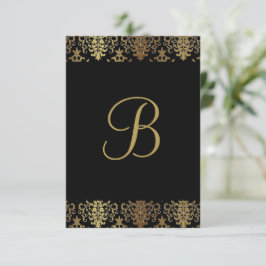 Gold Damask Black Monogram Elegant Chic Bedankkaart