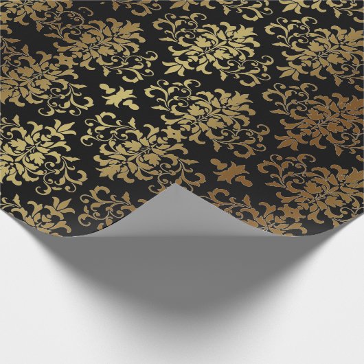 Gold Damask Black Script Elegant Cadeaupapier (Hoek)