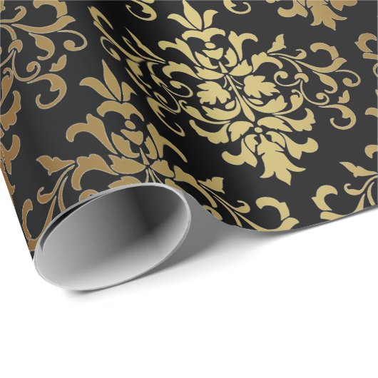 Gold Damask Black Script Elegant Cadeaupapier (Rol Hoek)