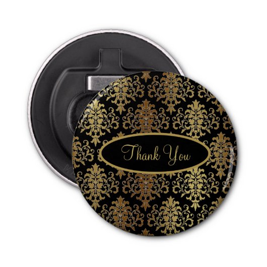 Gold Damask Black Script Weddenschap Elegant Bedan Button Flesopener (Voorkant)