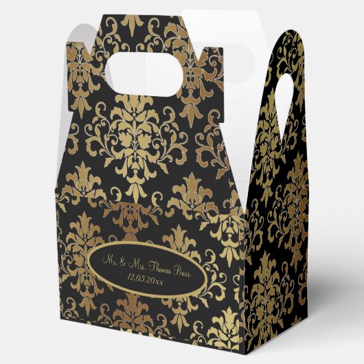 Gold Damask Black Script Weduwend Elegant Bedankdoosjes (Geopend)