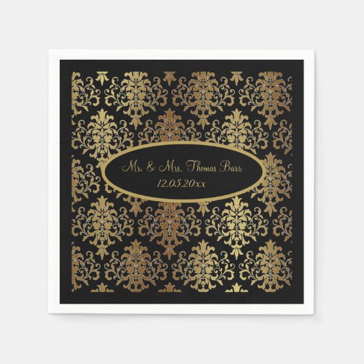 Gold Damask Black Script Weduwend Elegant Servet (Voorkant)