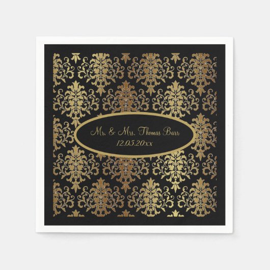 Gold Damask Black Script Weduwend Elegant Servet (Voorkant)