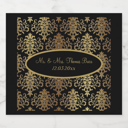 Gold Damask Black Script Weduwend Elegant Sparkling Wijnetiket (Enkel label)