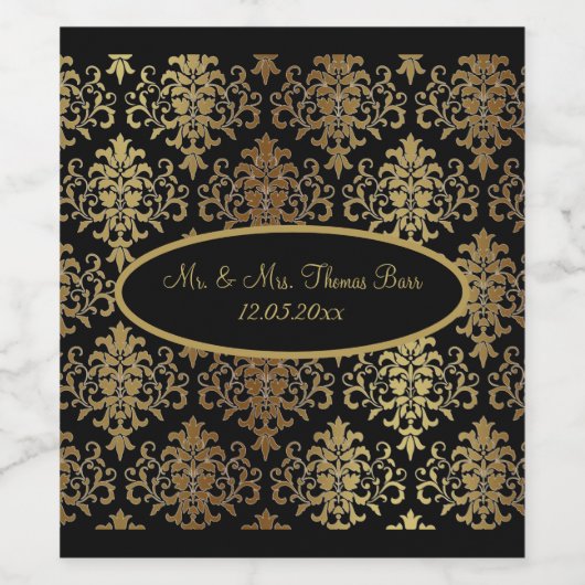 Gold Damask Black Script Weduwend Elegant Wijn Etiket (Enkel label)