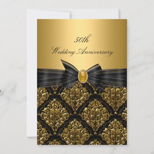 Gold Damask & Bow 50th Wedding Jubileum Invite Kaart (Voorkant)
