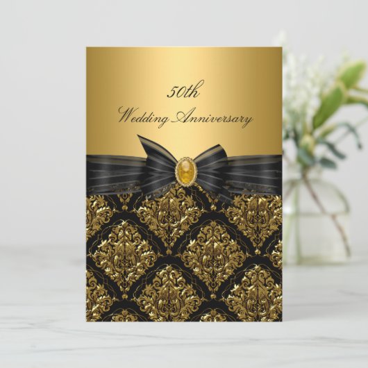 Gold Damask & Bow 50th Wedding Jubileum Invite Kaart (Staand voorkant)