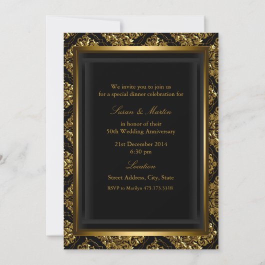 Gold Damask & Bow 50th Wedding Jubileum Invite Kaart (Achterkant)