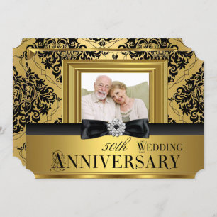 Gold Damask Bow Foto 50th Wedding Jubileum 3 Kaart
