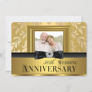 Gold Damask Bow Foto 50th Wedding Jubileum 4 Kaart