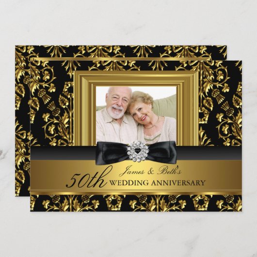 Gold Damask & Bow Photo 50th Wedding Jubileum Kaart (Voorkant / Achterkant)