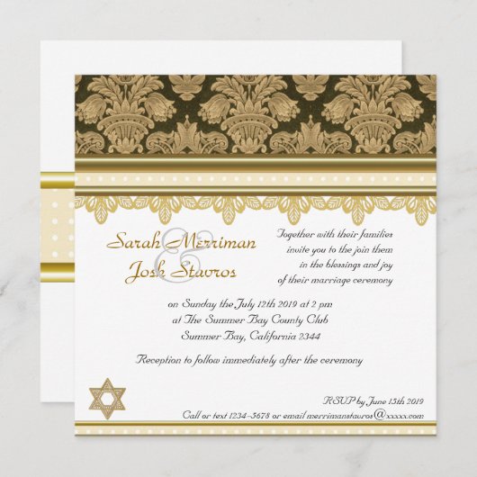 Gold Damask Brocade Joods bruiloft Kaart (Voorkant / Achterkant)