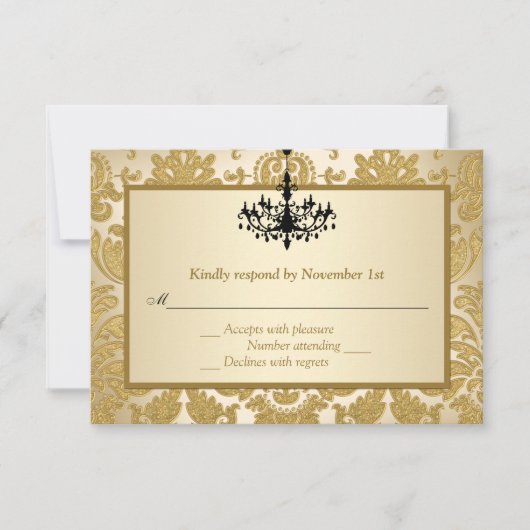 Gold Damask, Chandelier Jubileum Reply Card RSVP Kaartje (Voorkant)