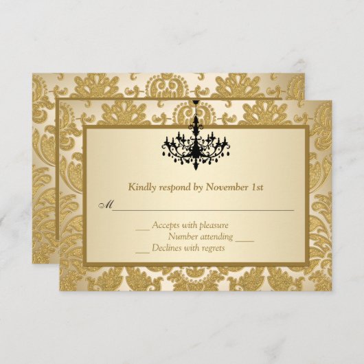 Gold Damask, Chandelier Jubileum Reply Card RSVP Kaartje (Voorkant / Achterkant)
