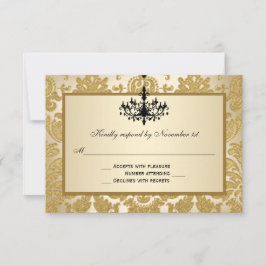 Gold Damask, Chandelier Wedding Reply Card RSVP Kaartje