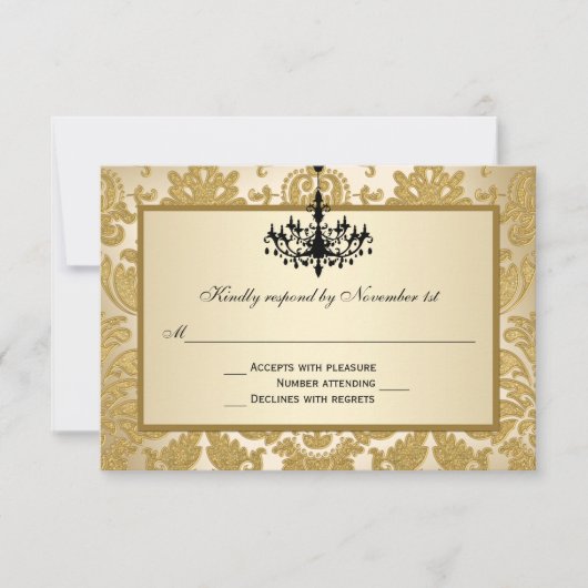 Gold Damask, Chandelier Wedding Reply Card RSVP Kaartje (Voorkant)