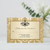 Gold Damask, Chandelier Wedding Reply Card RSVP Kaartje (Staand voorkant)
