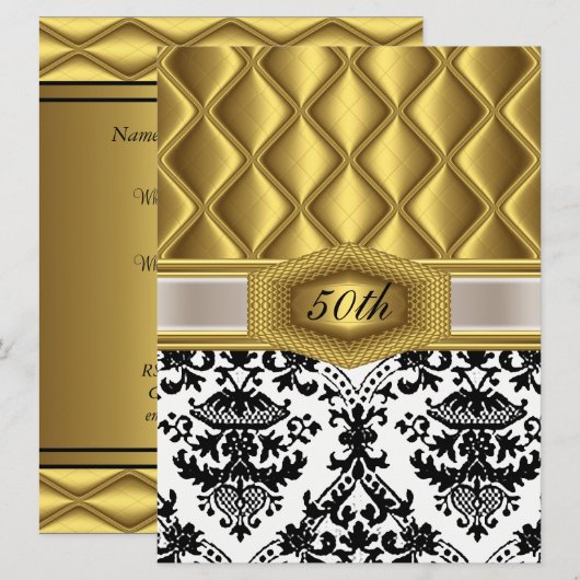 Gold Damask classic Birthday Invitation Kaart (Voorkant / Achterkant)