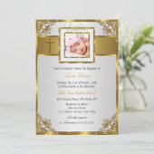 Gold Damask Cross Foto Baptisme Christening Kaart (Staand voorkant)