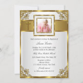 Gold Damask & Cross Photo Baptism/Christening Kaart (Voorkant)