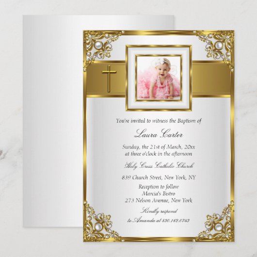 Gold Damask & Cross Photo Baptism/Christening Kaart (Voorkant / Achterkant)