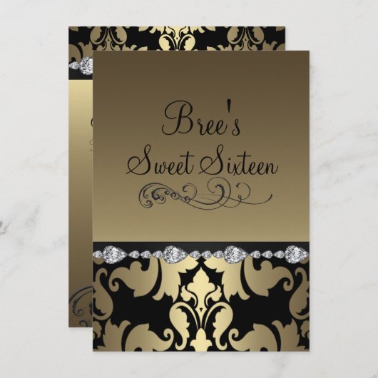 Gold Damask & Diamond Afbeelding Sweet 16 Uitnodig Kaart (Voorkant / Achterkant)